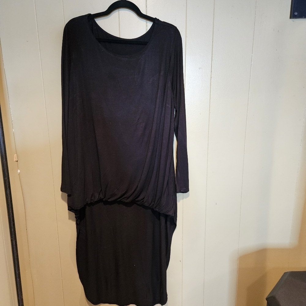 Black High Low Tunic Top 1X Plus Size Long Sleeve Draped Hem Soft Stretch Blouse